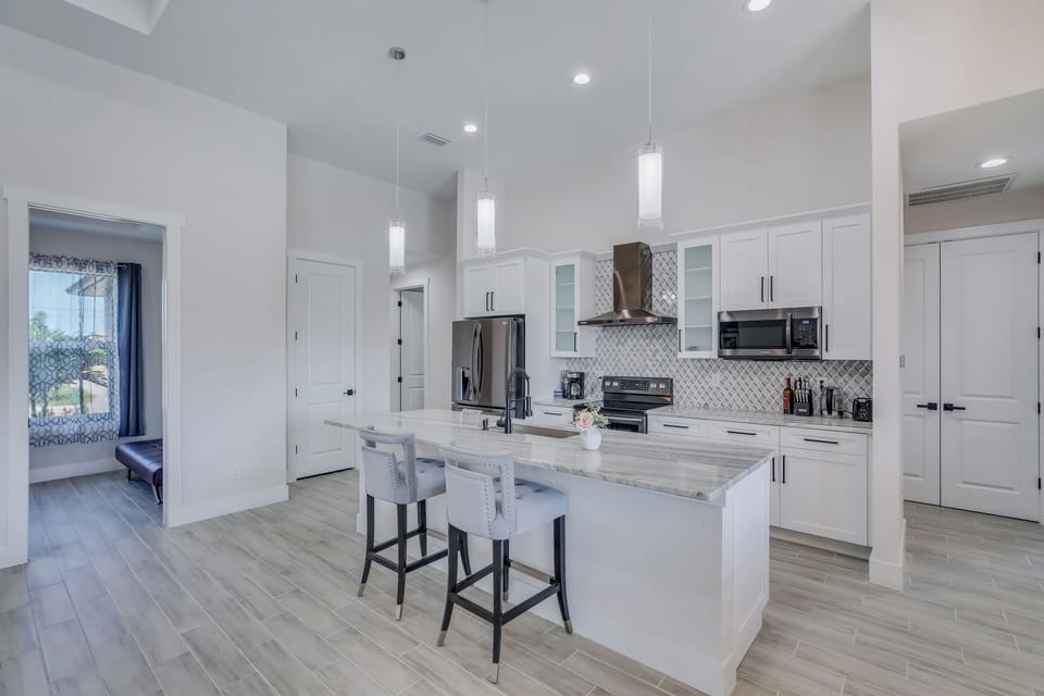 View from dining room to kitchen and office 