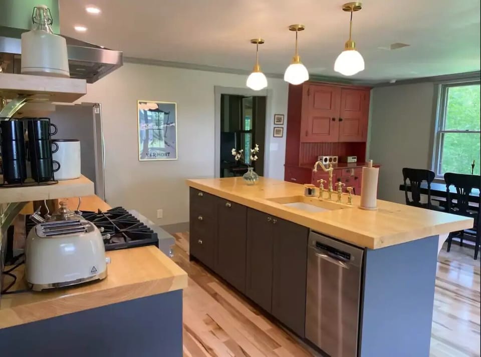 dishwasher and pine block countertops