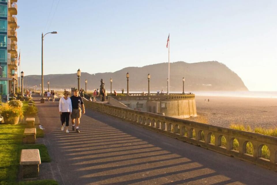 Built in 1920, the historic Seaside Promenade is an identifying feature of Seaside Oregon. Often referred to as “The Prom,” the promenade stretches 1.5 miles long starting at 12th Avenue on the North end of town, to Avenue U on the South end of town. The 15ft wide paved walkway sits along the shore of the Pacific Ocean and offers some of the best sunset viewing, and people watching spots in town.