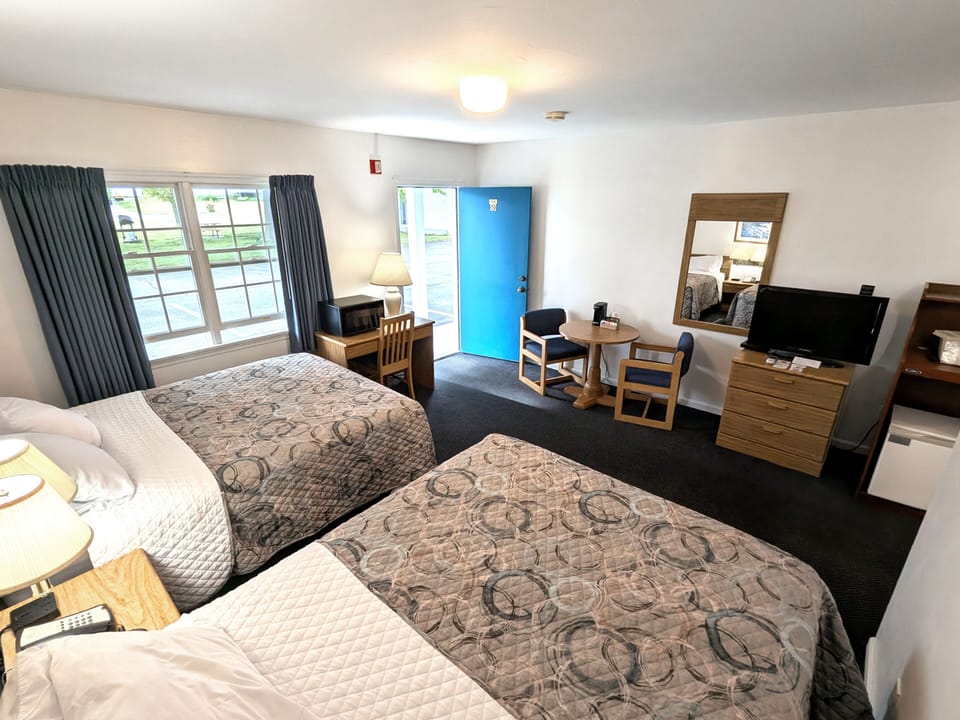 Comfort Double Room, 2 Queen Beds, Mobility Accessible, Ground Floor | Desk, laptop workspace, blackout drapes, iron/ironing board