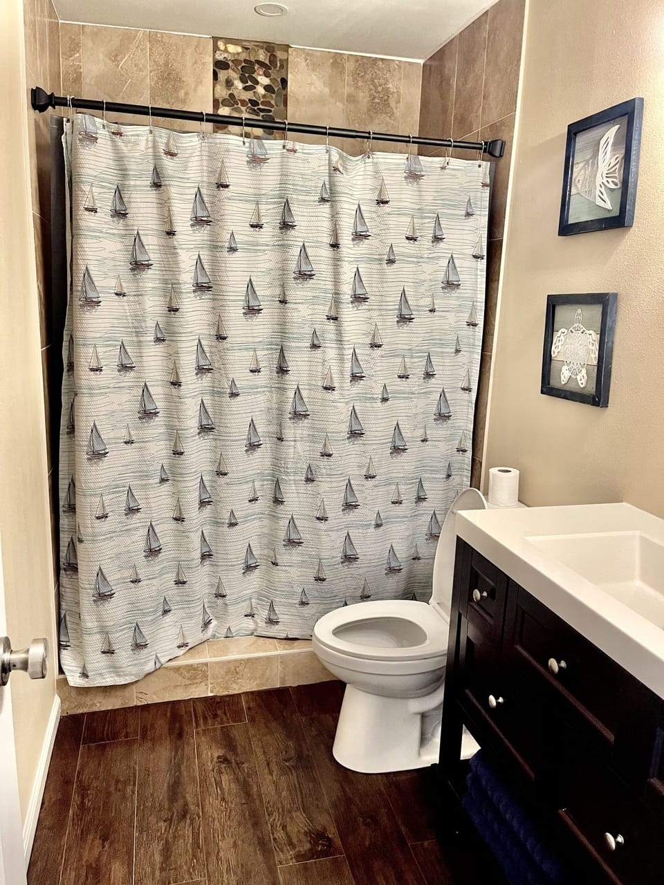 bathroom, walk in shower.