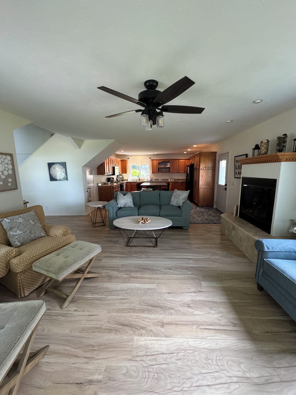 view from family room into kitchen