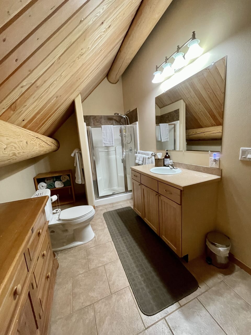Primary bathroom has a shower, dresser, and walk in closet. 