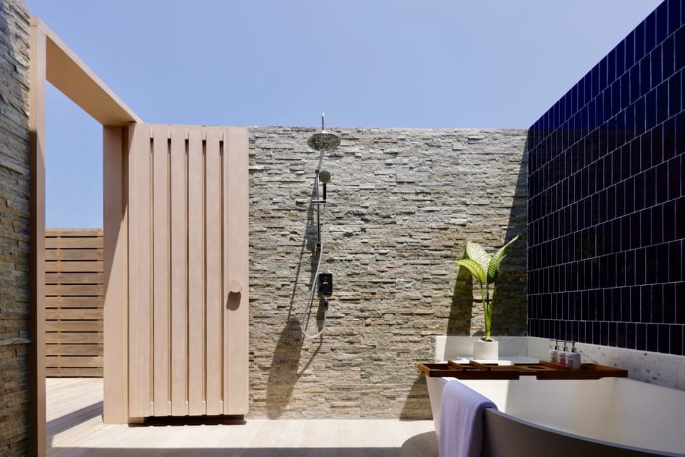 Separate tub and shower, rainfall showerhead, designer toiletries