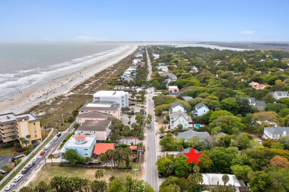 Aerial view of home and beach