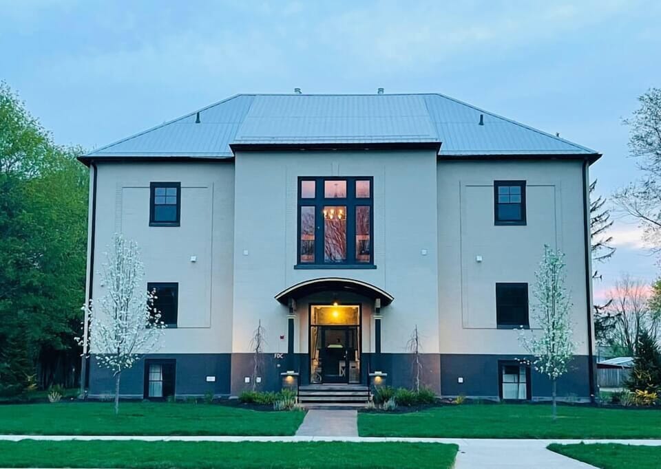 Front view of the Schoolhouse Lofts. Main entrance