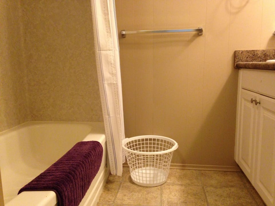 Bathtub, hair dryer, slippers, towels