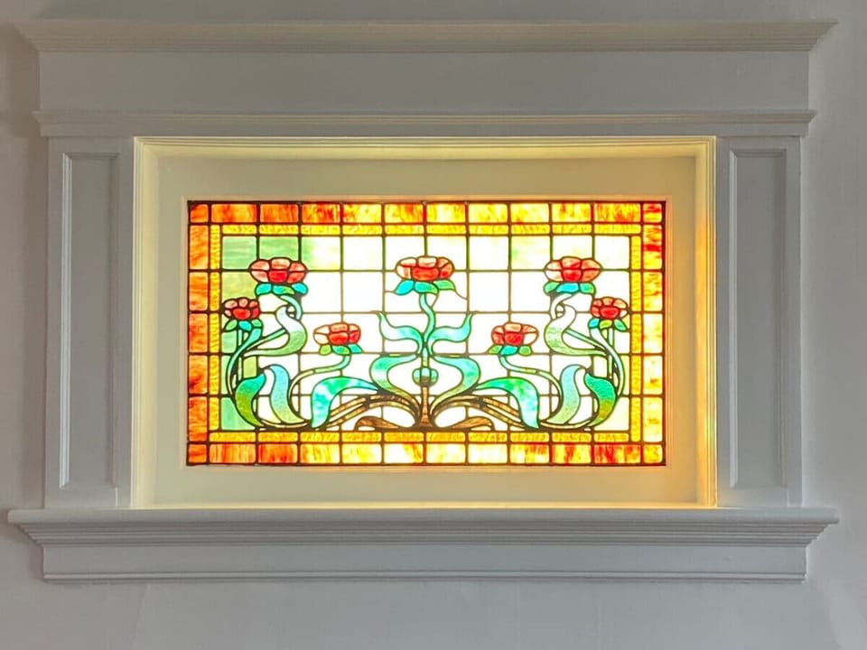 Original stained glass - one of the many exceptional showpieces in the Eddie Manor.
