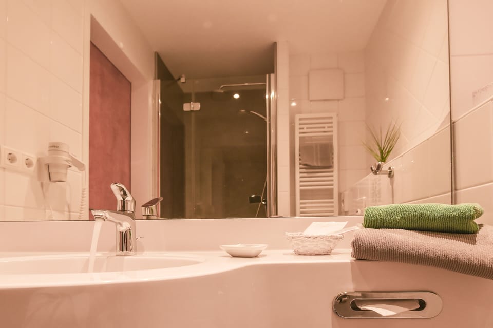 Shower, free toiletries, hair dryer, towels