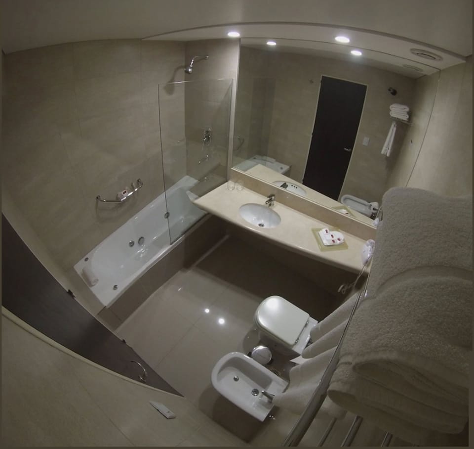 Combined shower/tub, free toiletries, hair dryer, bidet