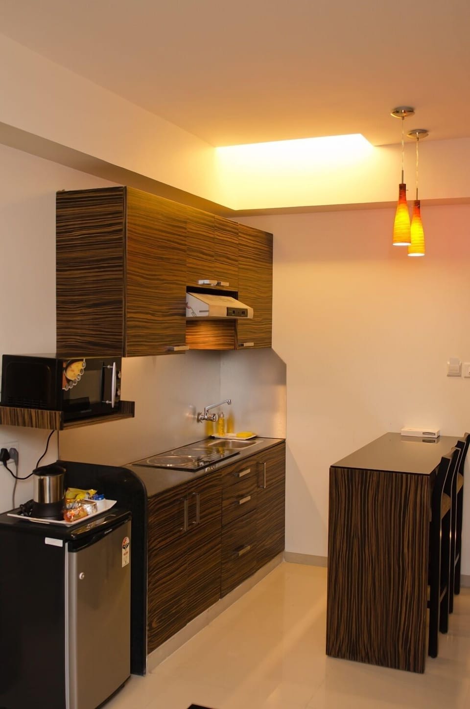 Fridge, microwave, stovetop, coffee/tea maker