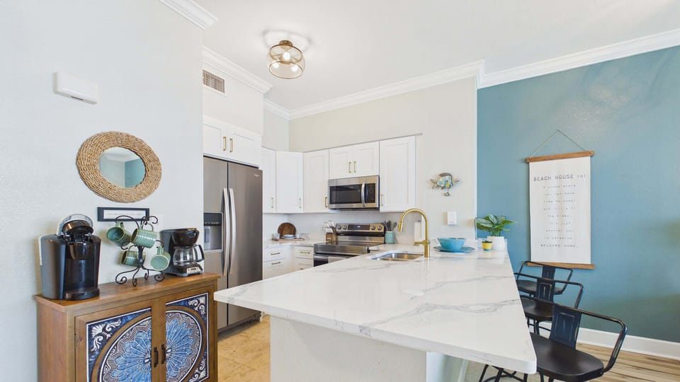 Fully applianced kitchen with all the cooking essentials and newly finished countertops