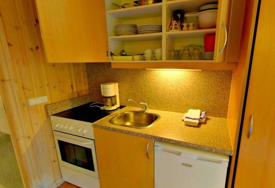 Mini-fridge, stovetop, cookware/dishes/utensils