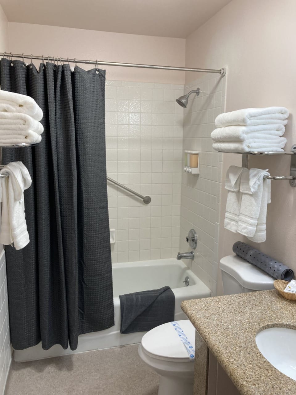 Eco-friendly toiletries, hair dryer, towels, soap