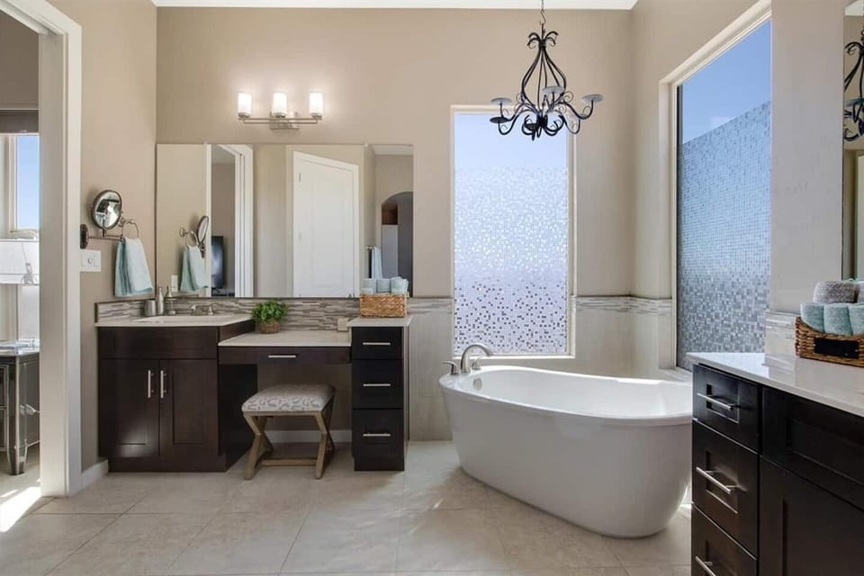 Spacious bathroom and makeup vanity
