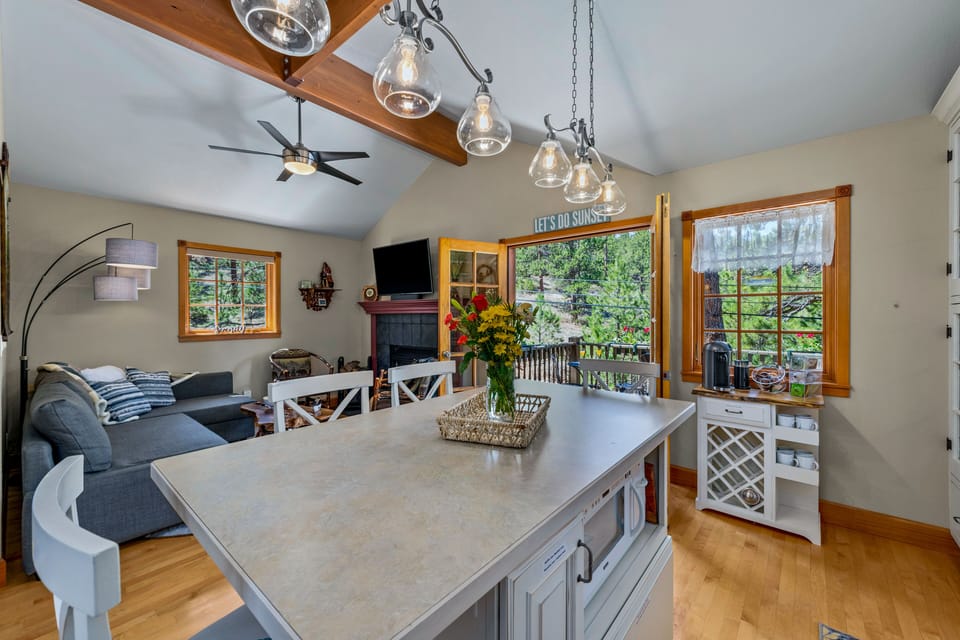 Kitchen into living room.