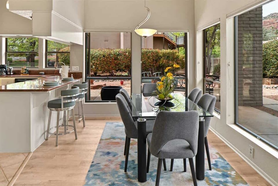 The dining table seats up to 6 guests