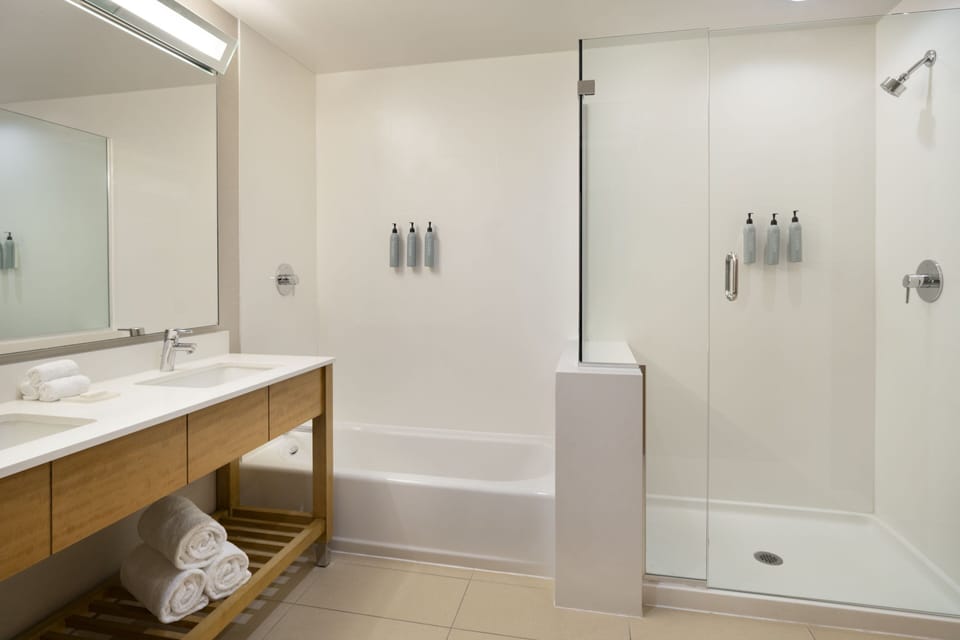 Combined shower/tub, free toiletries, hair dryer, towels