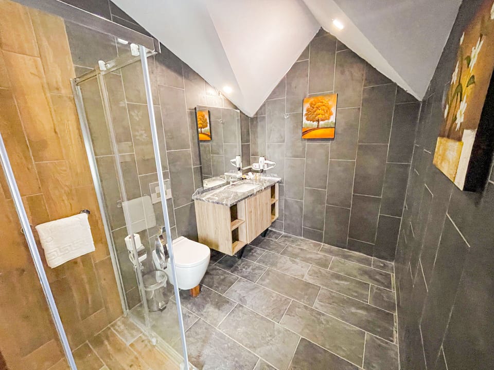 Rainfall showerhead, designer toiletries, hair dryer, slippers
