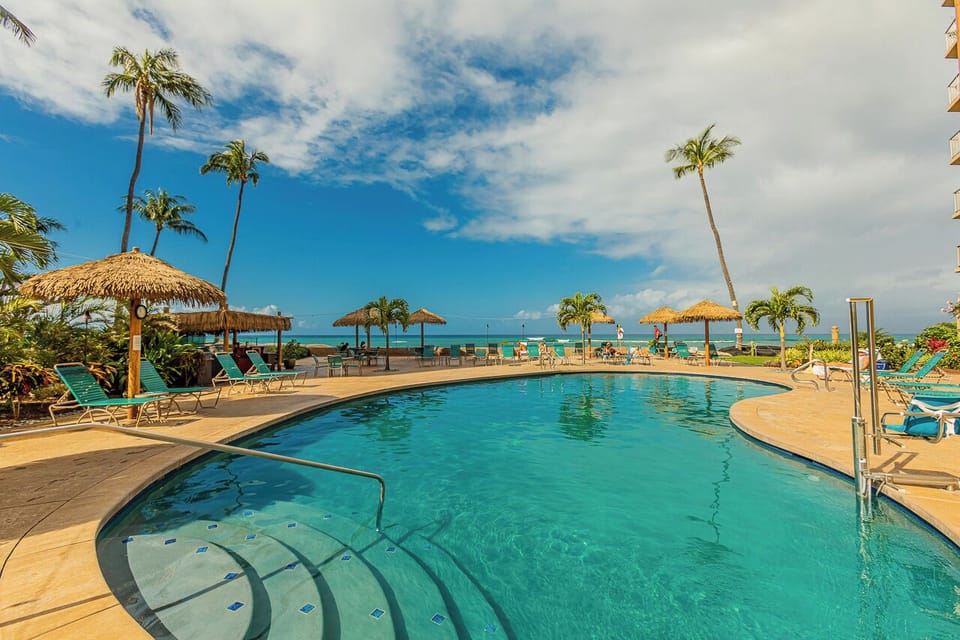 A pristine pool surrounded by thatched palapas and swaying palms overlooks turquoise ocean waters and blue skies at this beachfront tropical property.