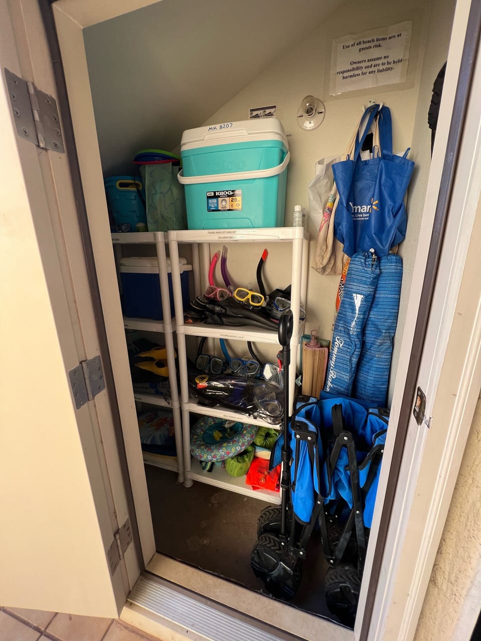 Snorkel, goggles, flippers, paddle ball, toddler wings/floats, and sand toys