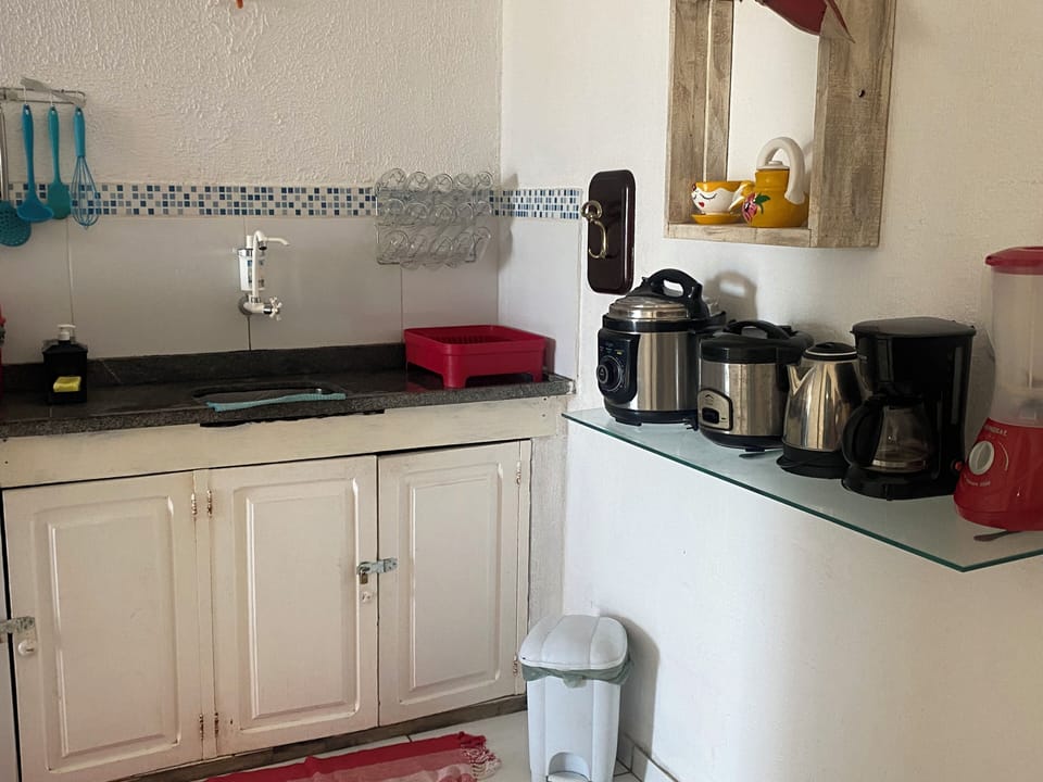 Full-size fridge, microwave, stovetop, toaster