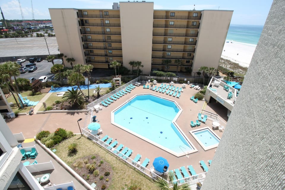 View of the pool from common area balcony.