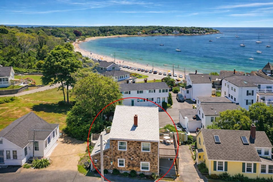 Aerial view of beachfront property steps from Niles Beach