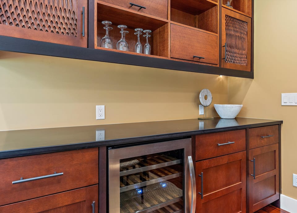 The separate bar is perfect for serving food with a built in wine cooler!