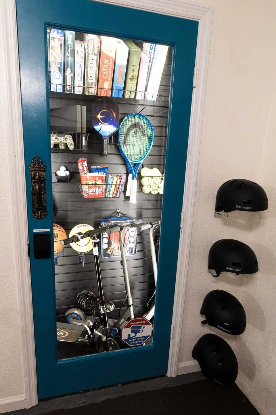 Sports equipment and games are available to rent from the in-home rental closet