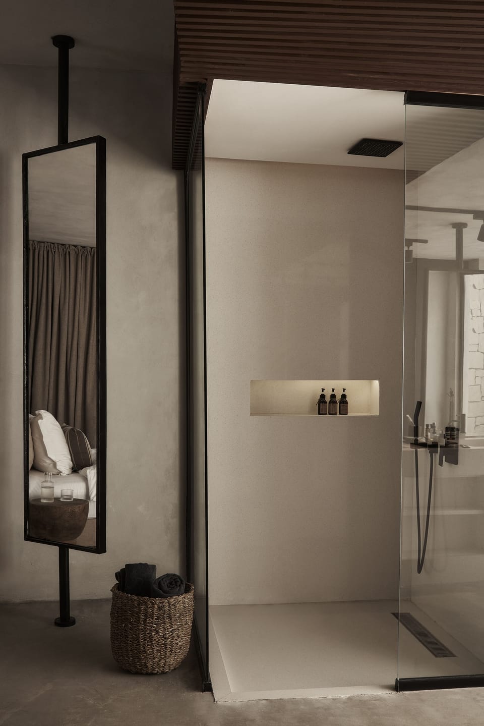 Shower, rainfall showerhead, hair dryer, bathrobes