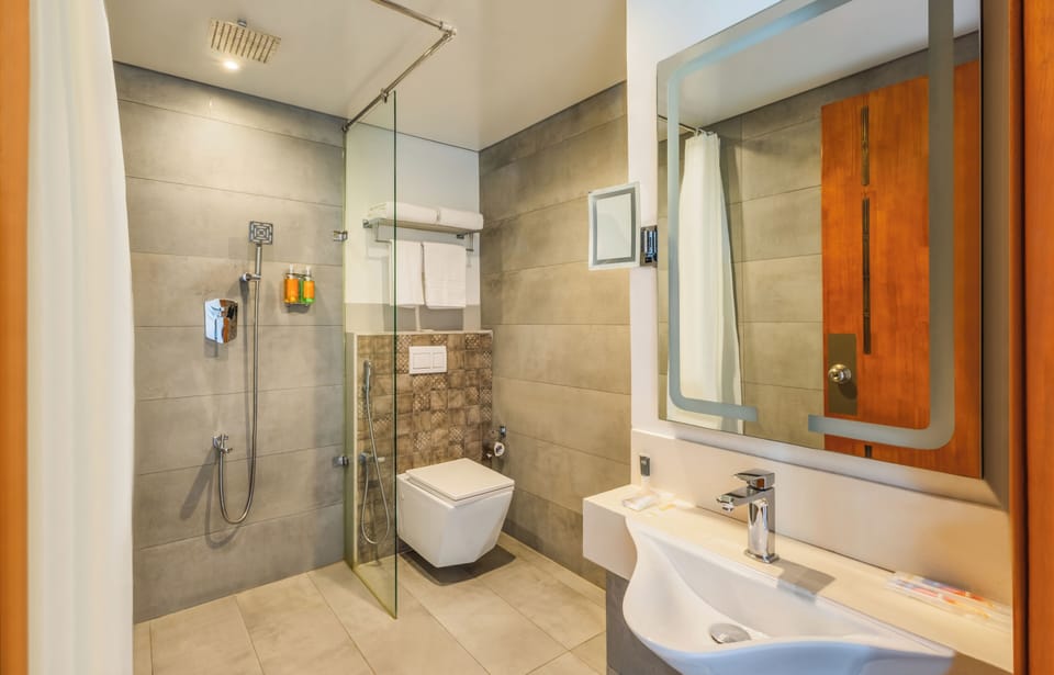 Shower, free toiletries, hair dryer, bathrobes