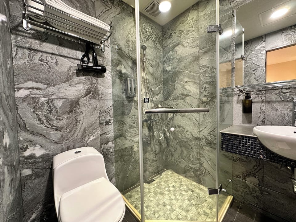 Shower, hair dryer, towels
