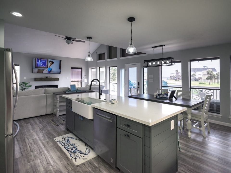 Wide sprawling kitchen with farm sink