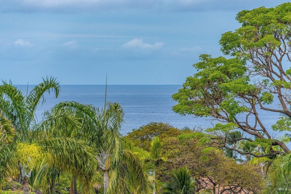 Serene ocean view framed by palms and lush greenery