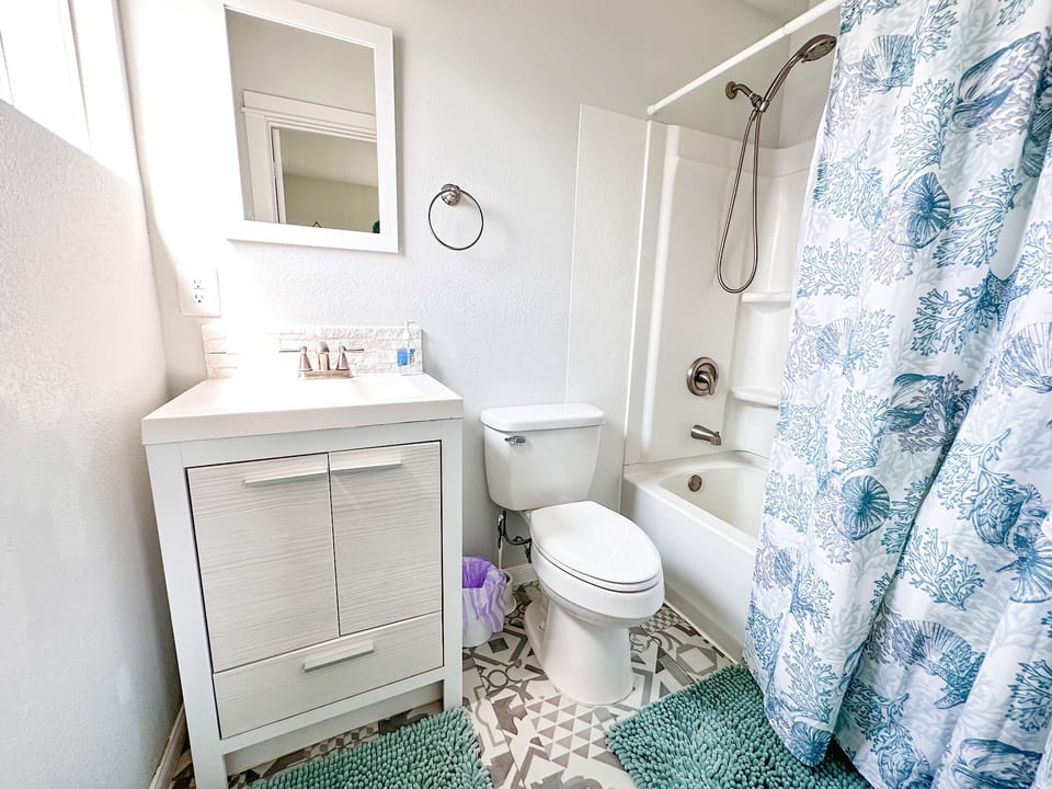 King suite bathroom with tub-shower combo