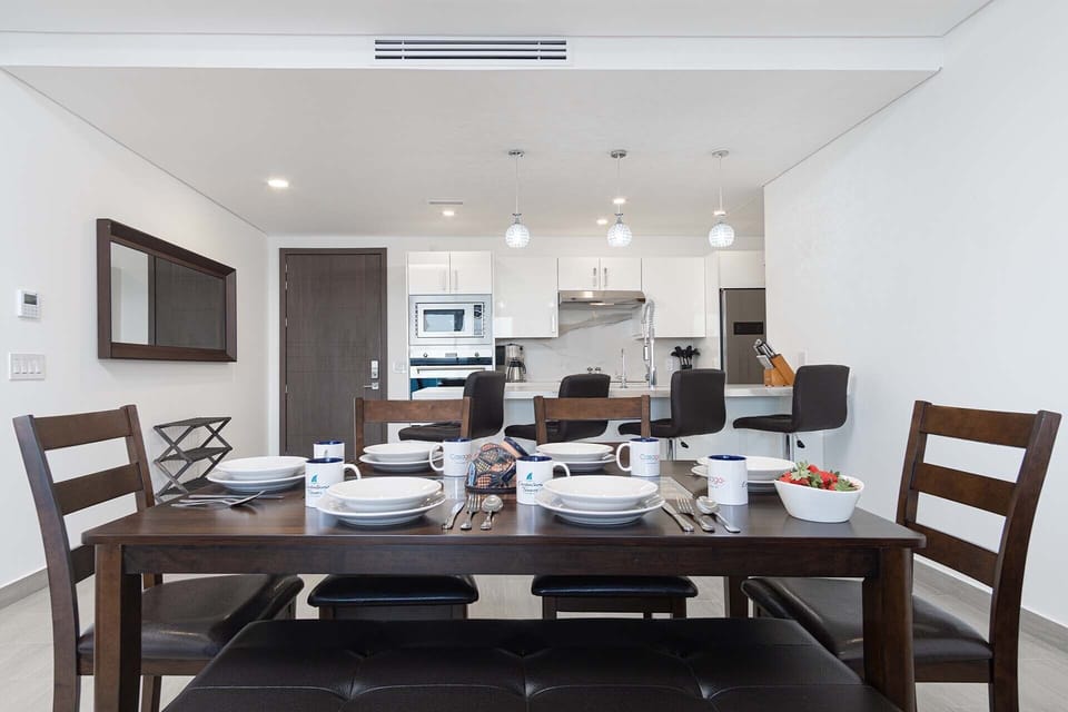 The dining table is great for up to six diners.