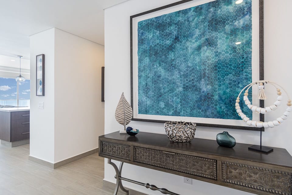The entry hall with its striking artwork.