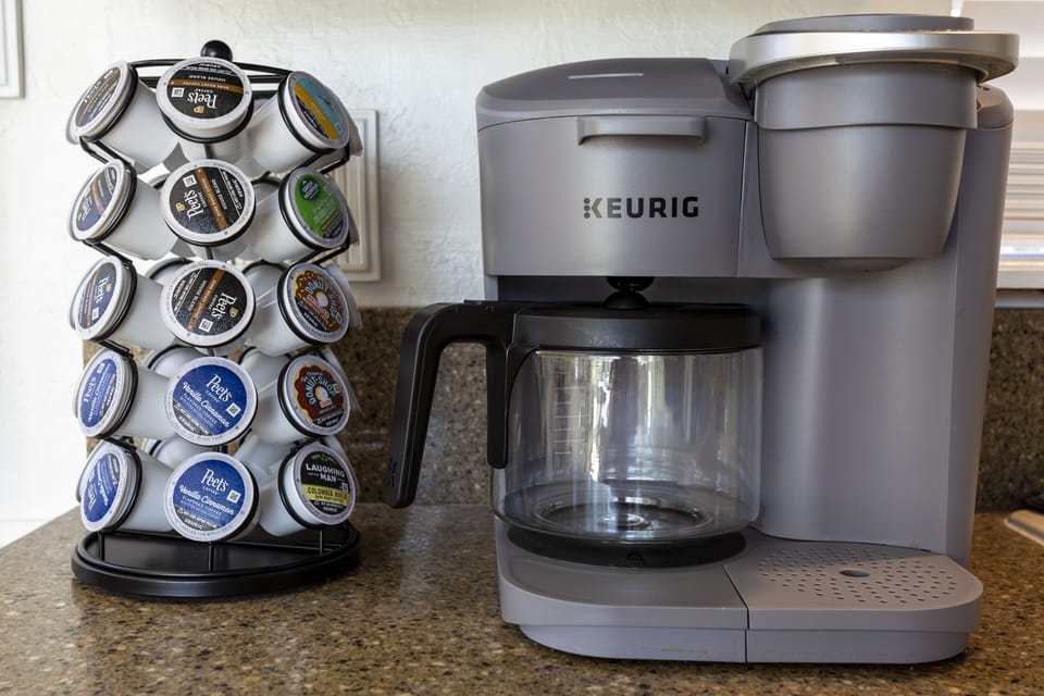 Keurig with individual K-Cups or brew a full pot.  Coffee & Tea included.