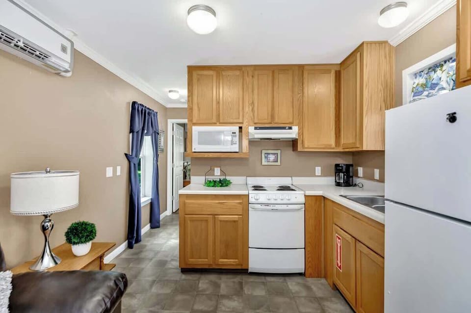 The kitchen comes with most anything you would need to cook and stay home for the evening