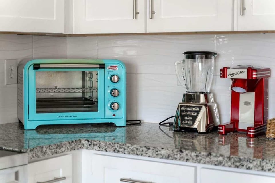 Toaster oven and blender are a must for the Margaritas.
