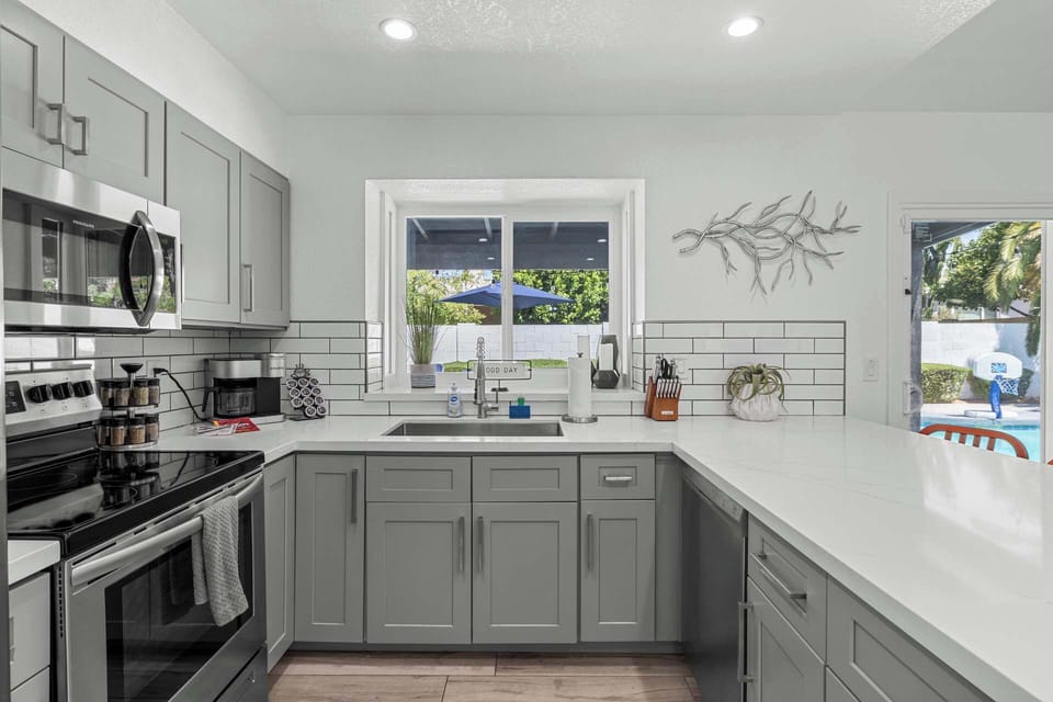 Modern stainless steel appliances.