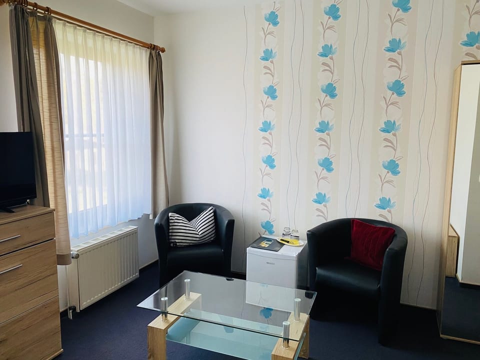 Basic Double Room | Living area | 40-inch flat-screen TV with satellite channels, TV