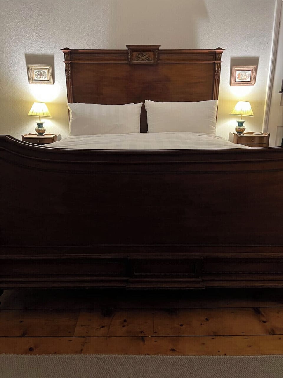 Gorgeous antique French mahogany bed with high thread count, cotton bed linen.  