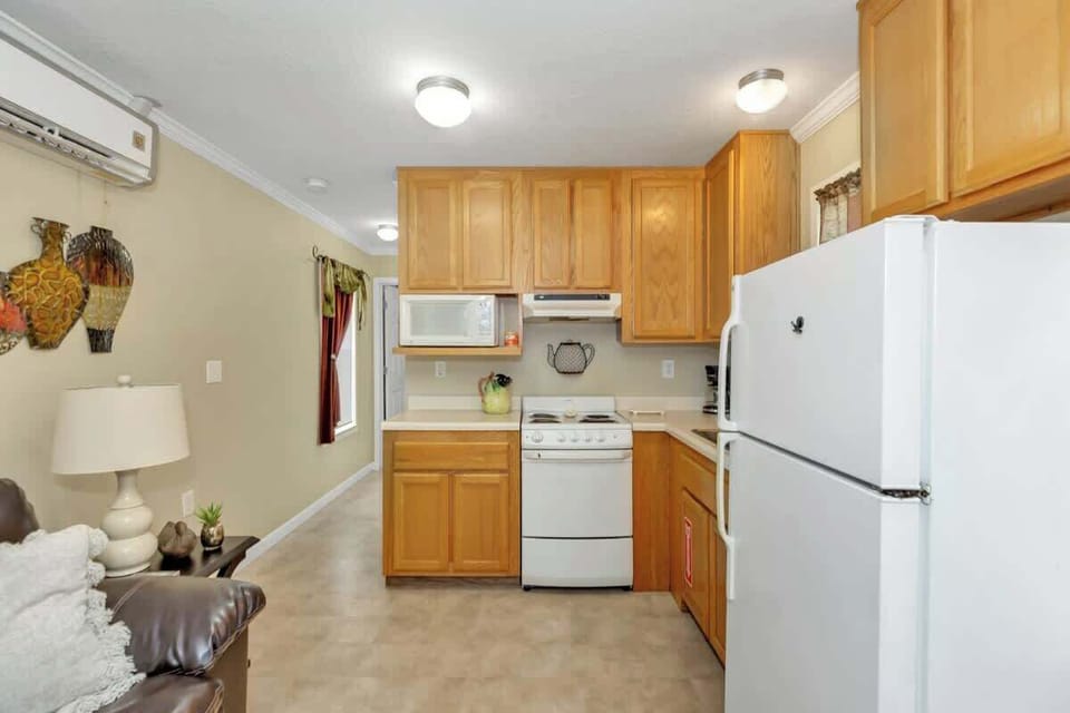 The kitchen comes with most anything you would need to cook and stay home for the evening
