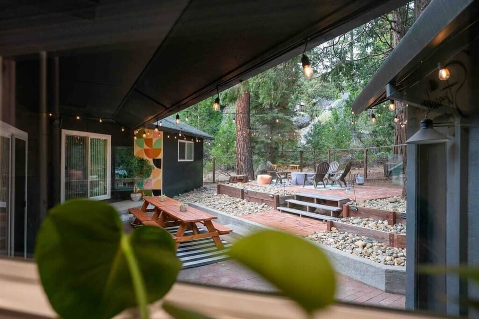 View of the backyard from the indoor wet bar.