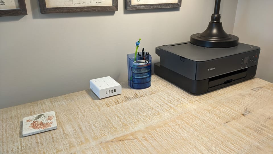 USB and 120V outlets, WiFi printer/copier. 