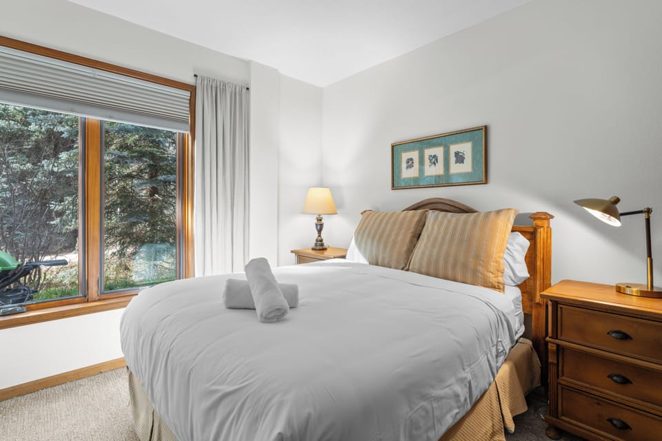 The bedroom features a queen bed.
