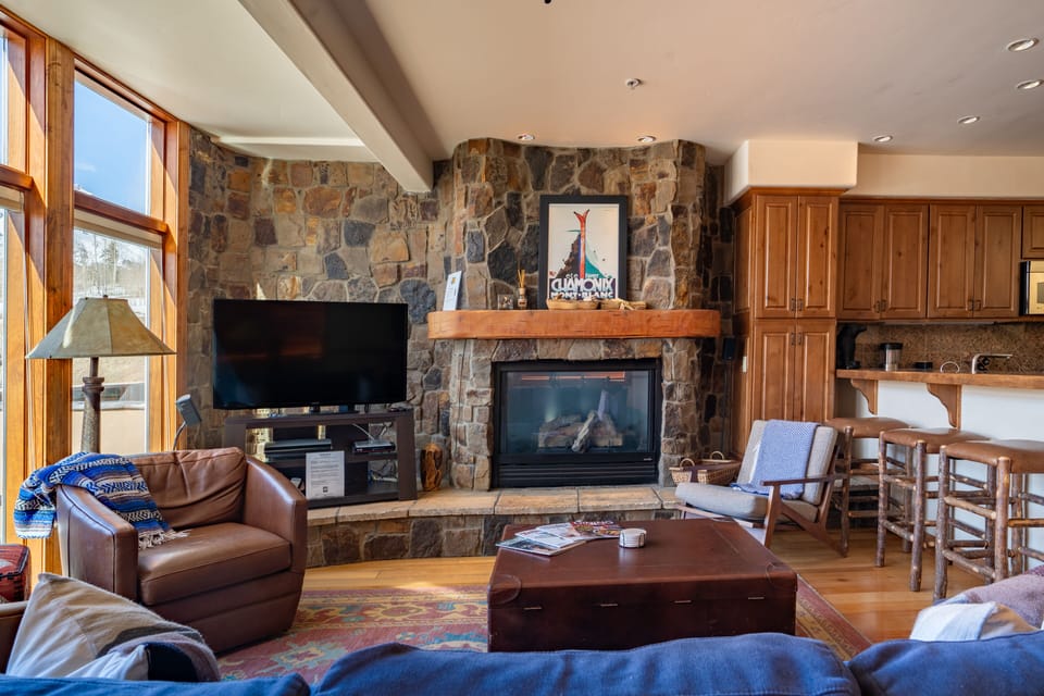 Beautiful stone fireplace.