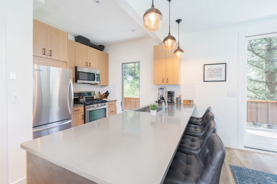 Kitchen with seating.
